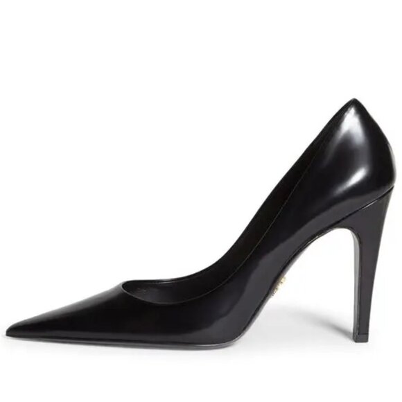 PRADA Triangle Show Leather Pointed Toe Pumps Heels Shoes Black - Picture 2 of 15